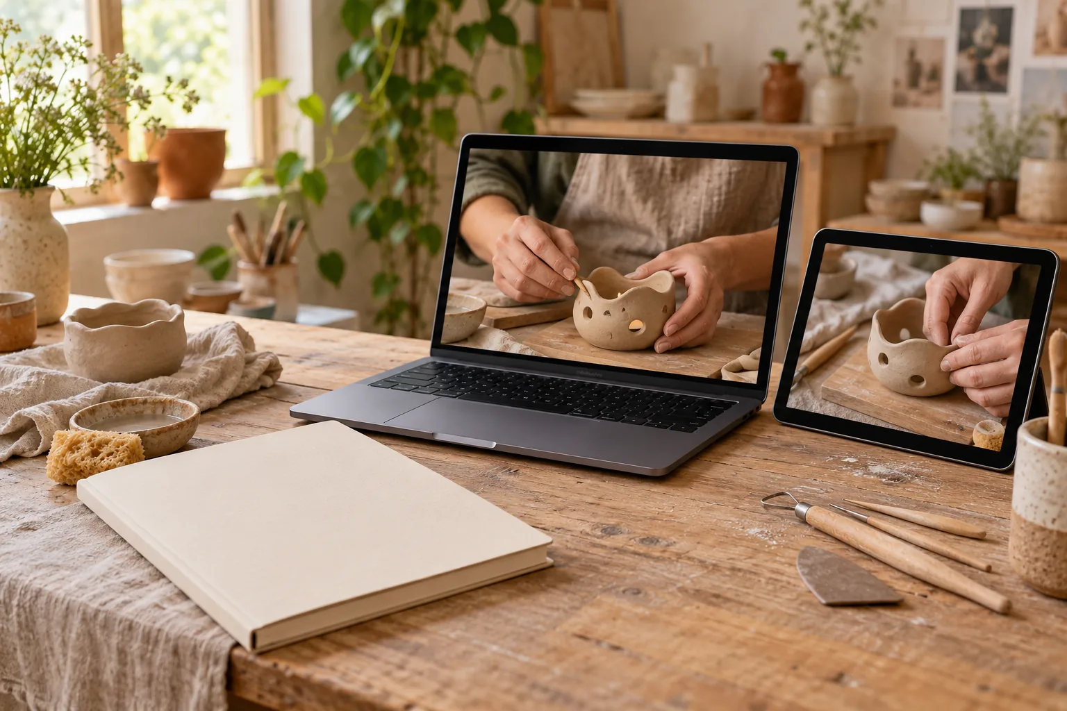 Videoclases del curso y guía digital sobre una mesa de trabajo artesanal